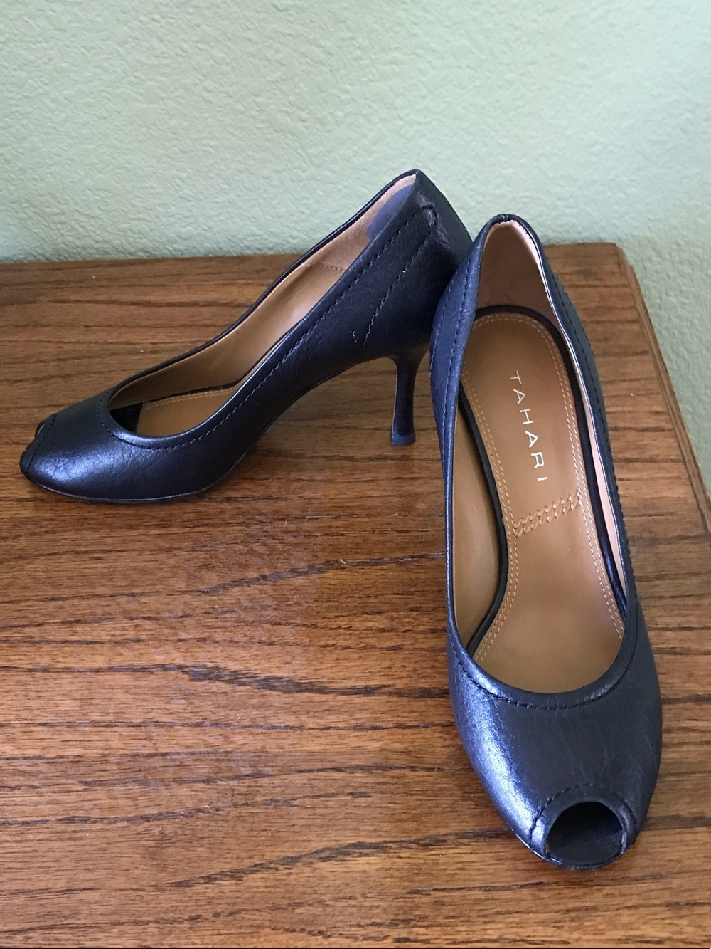 Tahari Black Open-Toe Leather Heels